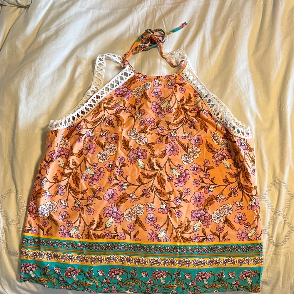 Cupshe Peach Floral Halter Tank with Crochet Trim New with Tags